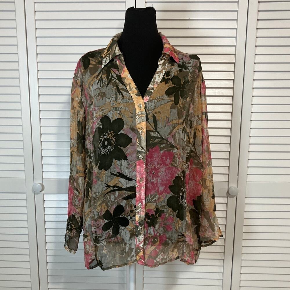 Coldwater Creek Sheer Artsy Boho Retro Inspired Floral Flowy Blouse XL